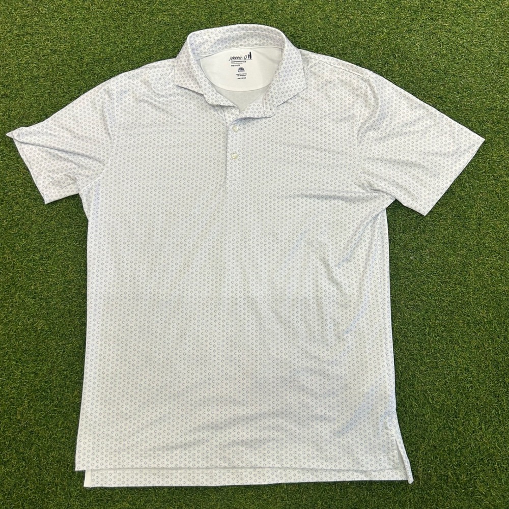 Johnnie-O Performance Polo Shirt Mens Medium White Blue Geometric Print UPF 50